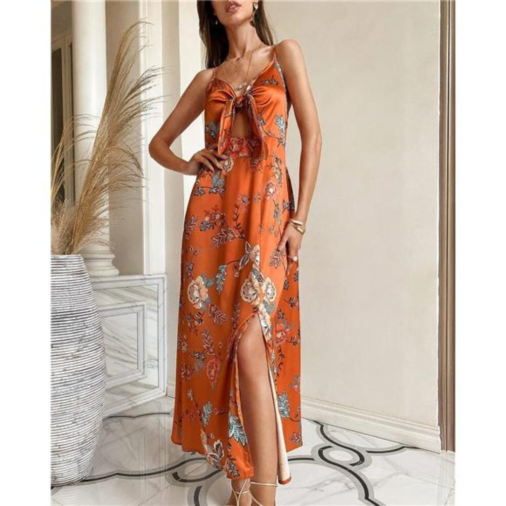 Orange Floral Print Satin Tie Front Cami‎ A-Line Dress Flowy Midi Party Dress